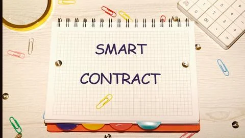 Notebook detailing smart contract technology sits atop a desk with colorful.. 库存照片