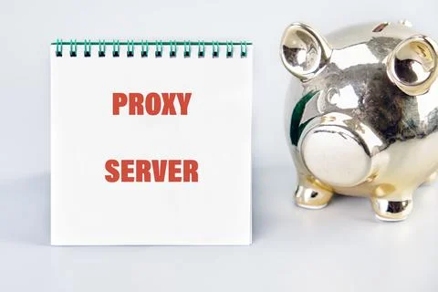 A notebook displays the words proxy server beside a shiny piggy bank, symboli Stock Photos