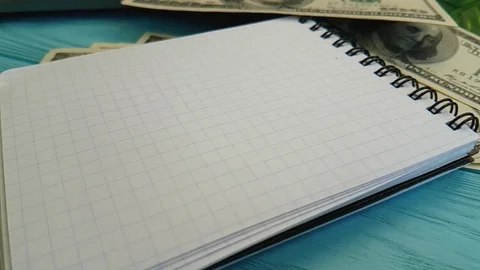 Notebook dollars, pen falls, slow-motion shooting Stock Footage 88141236