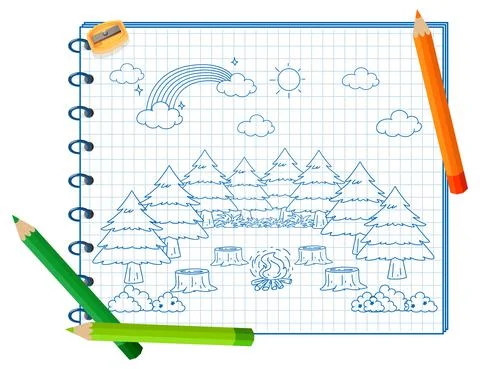 A notebook with a doodle sketch design and colour pencils Stock Illustration