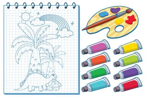 A notebook with a doodle sketch design and watercolour Illustrazione stock