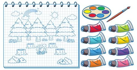 A notebook with a doodle sketch design and watercolour Stock Illustration