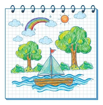 A notebook with a doodle sketch design with colour at the cover page Illustrazione stock