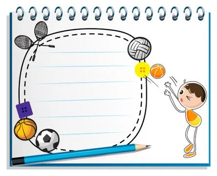 A notebook with a drawing of a boy playing basketball Stockillustratie