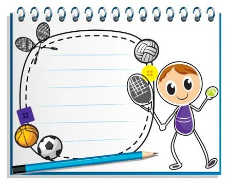 A notebook with a drawing of a boy playing tennis Stockillustratie