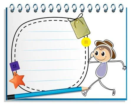 A notebook with a drawing of a boy walking with an empty template Stock Illustration