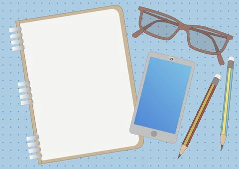 Notebook Drawing With Mobile Device Eyeglasses Two Pencils. Notepad Design Stock Illustration