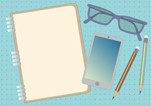 Notebook Drawing With Mobile Device Eyeglasses Two Pencils. Notepad Design 스톡 일러스트