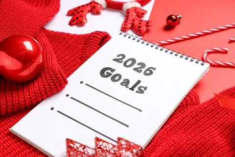 Notebook with empty to do list for 2026 year, sweater and Christmas decor on  Stock Photos