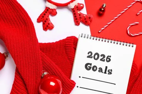 Notebook with empty to do list for 2026 year, sweater and Christmas decor on  Stock Photos