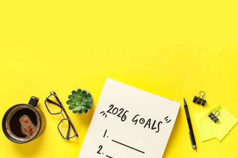 Notebook with empty to do list, cup of coffee and eyeglasses on yellow backgr Stock Photos