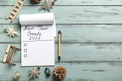 Notebook with empty to do list, pen and Christmas decor on turquoise wooden b Stock Photos