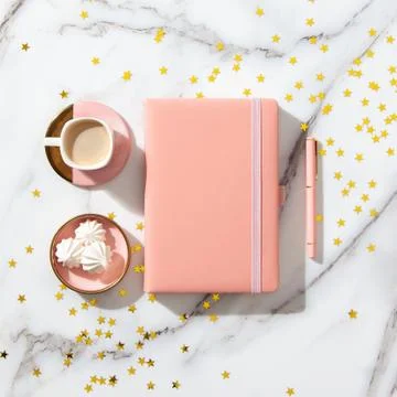 Notebook with empty pages for text, with pen, coffee cup, gift boxes, gold Stock Photos