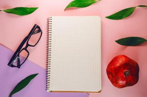 Notebook. empty template. ripe pomegranate, vitamin. leaves are green. backgr Fotos Stock