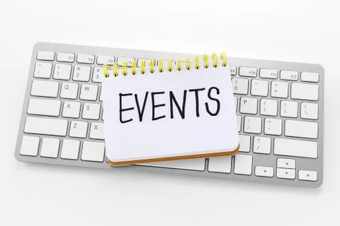 Notebook with events word on computer keyboard with white background Stock Photos