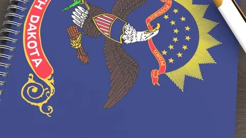 A notebook with the flag of North Dakota and a lying pen Stock Footage 167828458