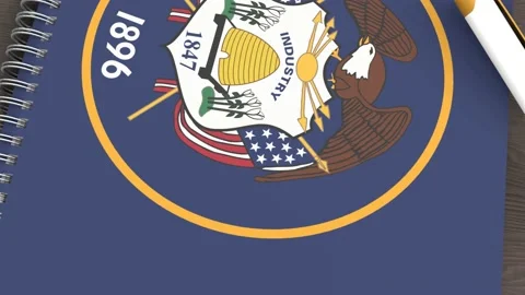 A notebook with the flag of Utah and a lying pen Stock Footage 167828472