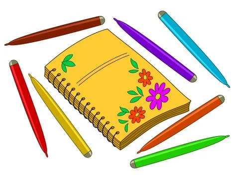 Notebook with flowers and felt-tip pens Stock Illustration