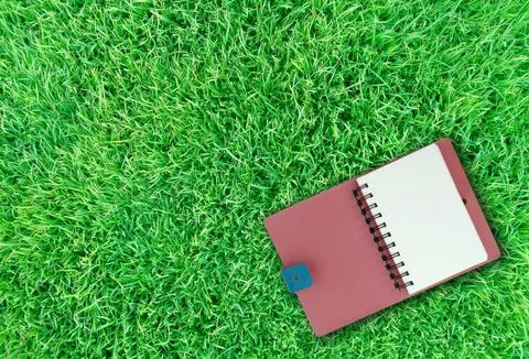 Notebook on green grass Stock-Fotos
