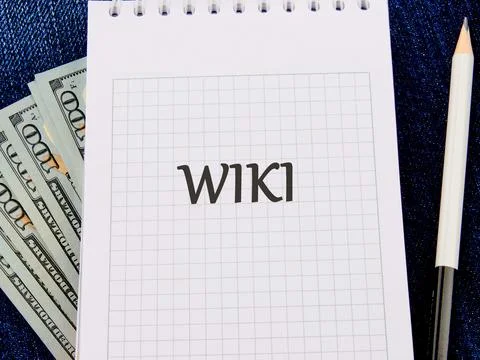 A notebook with a grid pattern shows the word Wiki, positioned next to a stac Stock Photos