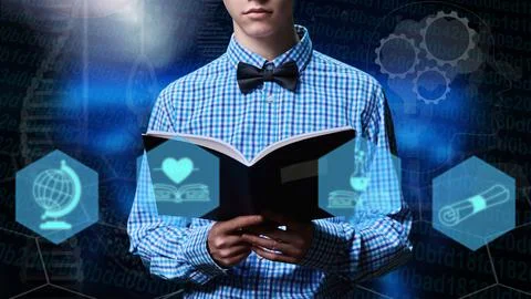 Notebook in hands of student guy close-up Foto stock
