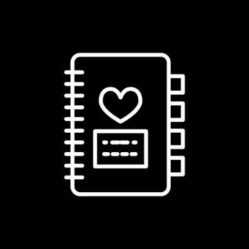 Notebook with heart icon vector, outline flat pictogram isolated on black. Love Stock Illustration