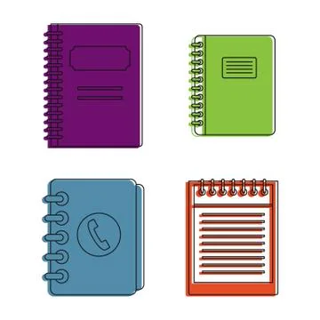 Notebook icon set, color outline style Illustrazione stock