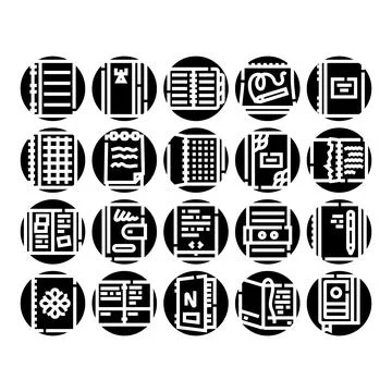 Notebook journal diary planner glyphs icons set Stock Illustration