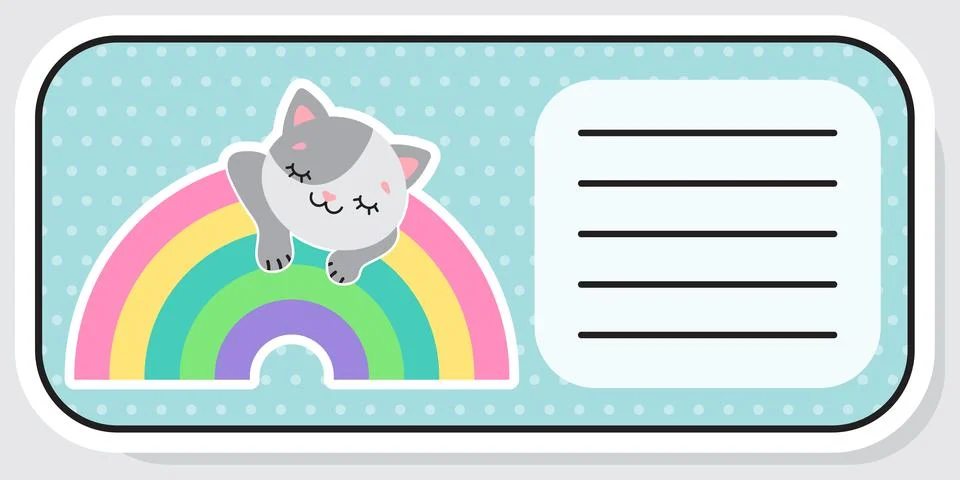 Notebook label. Cat and rainbow. Baby stickers. Vector illustration Illustrazione stock