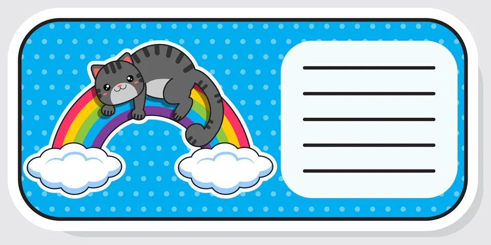 Notebook label. Cat and rainbow. Baby stickers. Vector illustration Stock Illustration