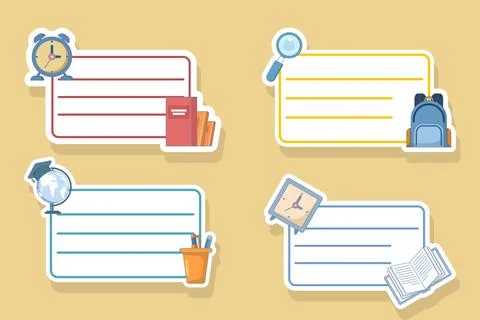 Notebook label set, cartoon school stickers, student name tags 库存插图