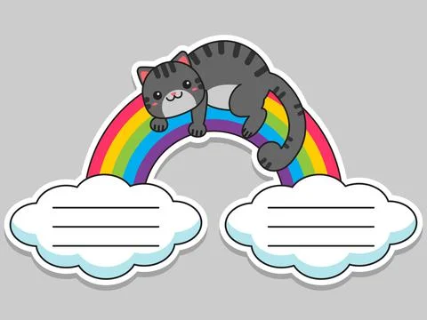 Notebook labels. The cat lies on the rainbow. Note labels. Baby stickers. School イラスト素材