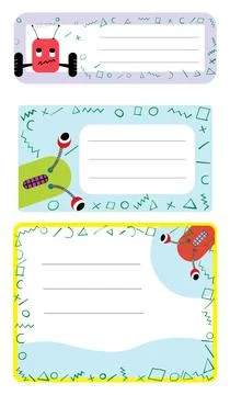 Notebook labels vector set template design with comic robot character set Stock Illustration