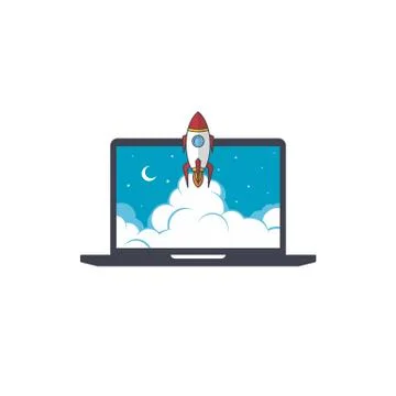 Notebook laptop boost start up space rocket shuttle theme Illustrazione stock