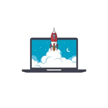 Notebook laptop boost start up space rocket shuttle theme Illustrazione stock