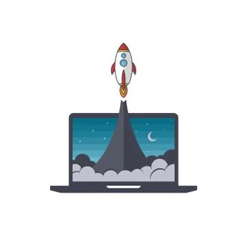 Notebook laptop boost start up space rocket shuttle theme Illustrazione stock