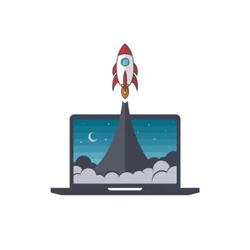 Notebook laptop boost start up space rocket shuttle theme Stock Illustration