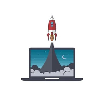Notebook laptop boost start up space rocket shuttle theme Stock Illustration