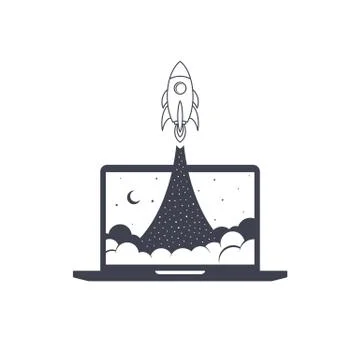 Notebook laptop boost start up space rocket shuttle theme Illustrazione stock