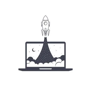 Notebook laptop boost start up space rocket shuttle theme Ilustração Stock
