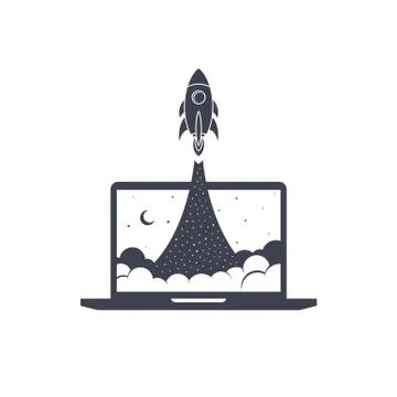 Notebook laptop boost start up space rocket shuttle theme Illustrazione stock