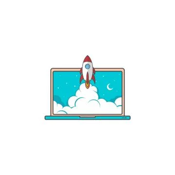 Notebook laptop boost start up space rocket shuttle theme Illustrazione stock