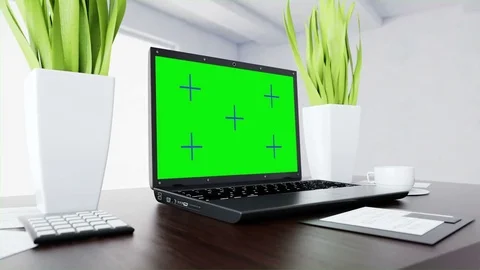 Notebook, laptop on table. Workspace. Office work concept. Green screen trackig  Vídeo Stock 74480132