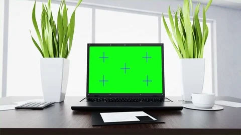 Notebook, laptop on table. Workspace. Office work concept. Green screen trackig  스톡 동영상 74480287