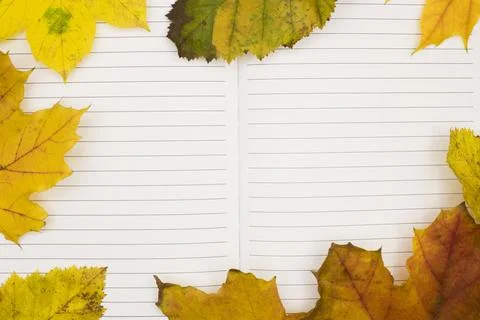 A notebook lies open with blank lines, bordered by colorful autumn leaves Stock Photos