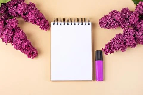 Notebook with lilac flowers Stock Photos