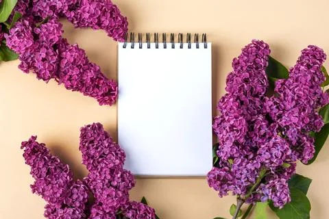 Notebook with lilac flowers Stock Photos