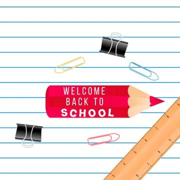 Notebook lined grid paper note, ruler, red pencil with quote Welcome back to Illustrazione stock