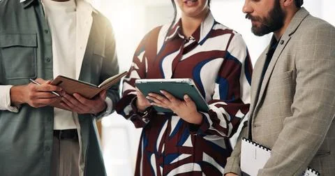 Notebook, meeting or hands with tablet for feedback, explain project assign.. Stock Photos