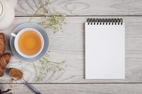Notebook mock up wooden background Stock Photos